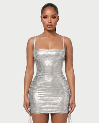 ZAKIYA Lace-Up Side Square-Neck Metallic Mini Dress