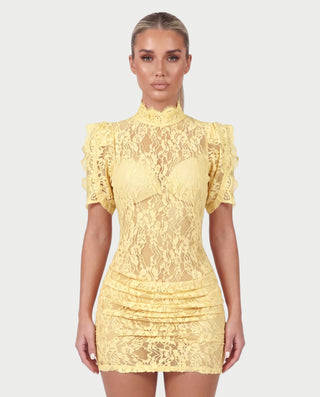 ODETTE Mock Neck Sheer Lace Bodycon Mini Dress