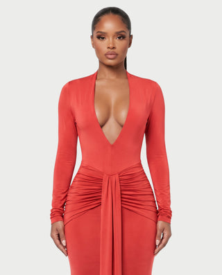 BILLY Plunging Neckline Long Sleeve Ruched Waist Maxi Dress