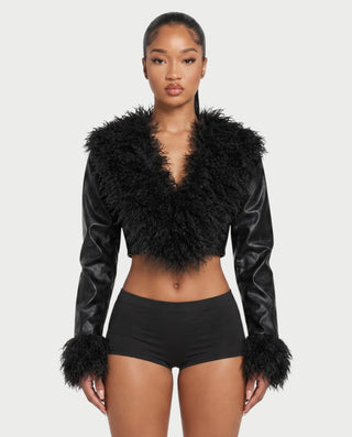 ADALEE Faux Leather Bolero Crop Jacket with Shaggy Fur Detailing