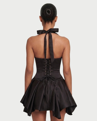CIENNE Halter Lace-Up Back Handkerchief Mini Dress