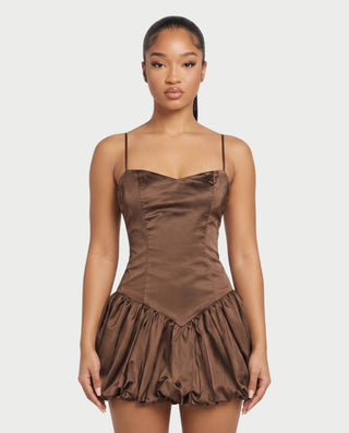 ADRIELA Satin Spaghetti Strap Drop Waist Bubble Mini Dress