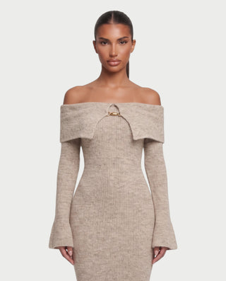 SAHALIE Bardot Neck Long Sleeve Knit Maxi Dress