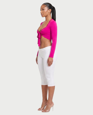 ZEINARA Lace Trim Tie-Front Long Sleeve Crop Top