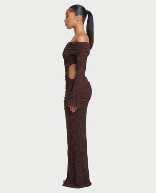 ADARNA Off-Shoulder Long Sleeve Cutout Textured Bodycon Maxi Dress
