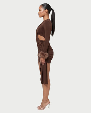 AITANA Long Sleeve Faux Fur Trim Waist Cutout Mini Dress