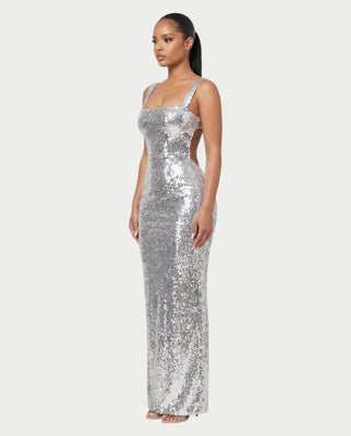 EMELYN Silver Sequin Square Neck Bodycon Maxi Dress