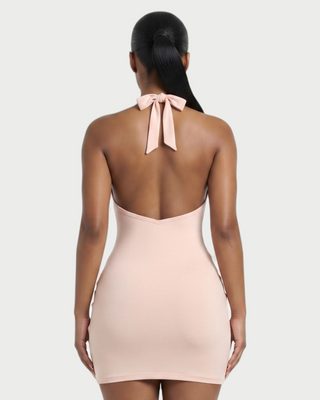 RESSI Ruched Halter Open-Back Mini Dress