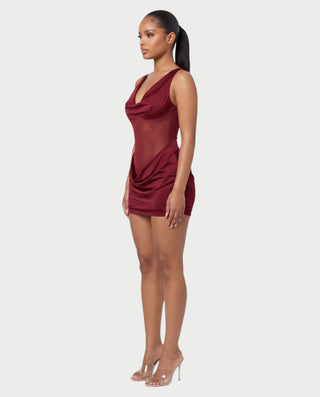 AVIGAIL Cowl Neck Sheer Mesh Draped Satin Mini Dress