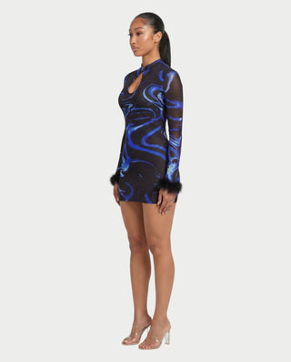 ANALIA Abstract Swirl Mesh Long Sleeve Bodycon Mini Dress