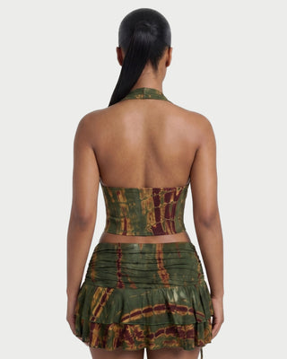 SAVIERA Halter Corset Top & Ruched Ruffle Mini Skirt Set