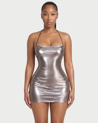 ZAIRE Metallic Halter Neck Lace-Up Back Bodycon Mini Dress