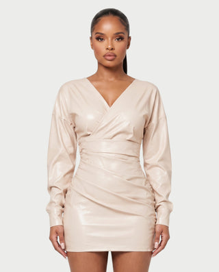 KENNY Faux Leather Plunge V-Neck Long Sleeve Mini Dress