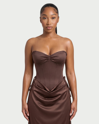VELIA Corset Ruched Draped Satin Maxi Dress