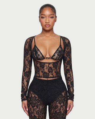 PRADA Floral Lace Long-Sleeve Bralette Top & Capri Pants Set