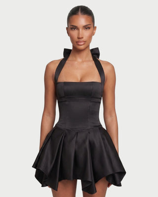 CIENNE Halter Lace-Up Back Handkerchief Mini Dress