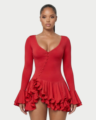 NADIA V-Neck Asymmetric Long Sleeve Ruffle Mini Dress