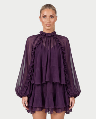NAVIA Ruffle Mock Neck Long Sleeve Mini Dress