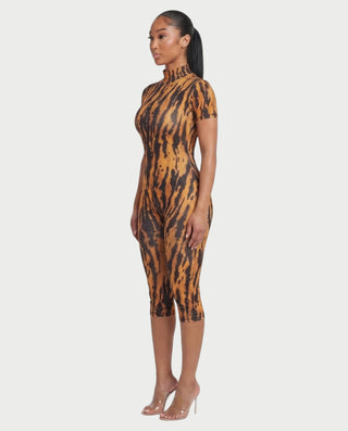 CAPRINA Tiger Print Mock Neck Open-Back Romper