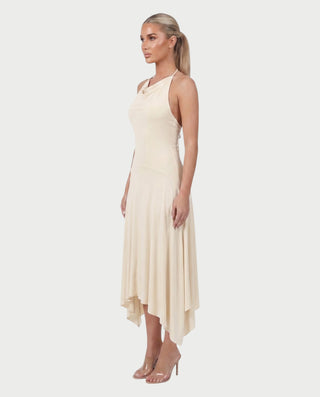 ZEINAB Draped Halter Open-Back Handkerchief Midi Dress