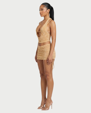 LAVANYA Shimmer Halter Three-Piece Skirt Set