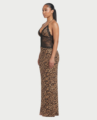 NAVYA Leopard Lace Panel Bodycon Maxi Dress