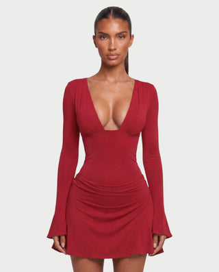 CASSANDRA Plunge Neck Long Sleeve Flared Mini Dress