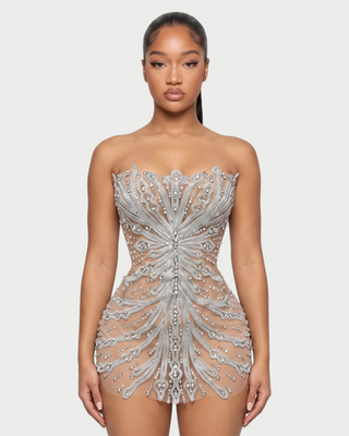 SORVEL Rhinestone Embellished Mesh Mini Dress