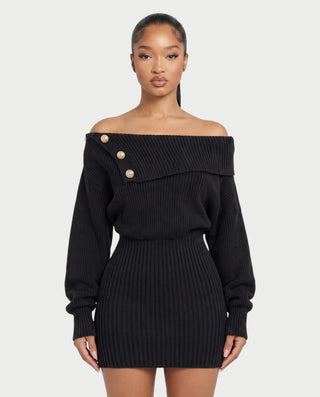 GIAVANNA Off-Shoulder Ribbed Knit Long Sleeve Mini Dress