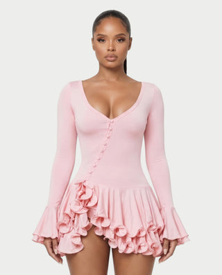 NADIA V-Neck Asymmetric Long Sleeve Ruffle Mini Dress