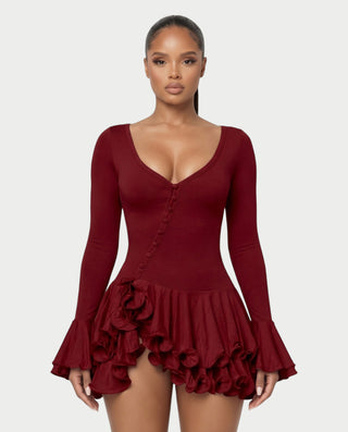 NADIA V-Neck Asymmetric Long Sleeve Ruffle Mini Dress