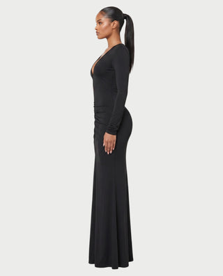MINEA Plunge Cutout Long-Sleeve Ruched Bodycon Maxi Dress