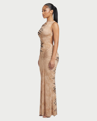 ALMARA Zebra Ruched Open-Back Bodycon Maxi Dress
