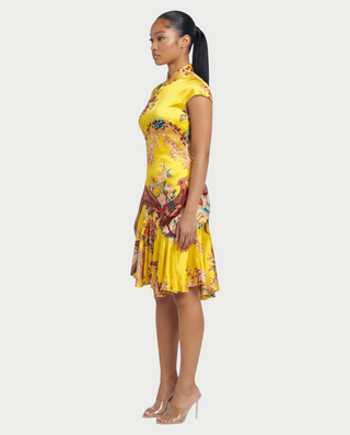 VALENZA Floral Crane Collar Ruffle Hem Mini Dress
