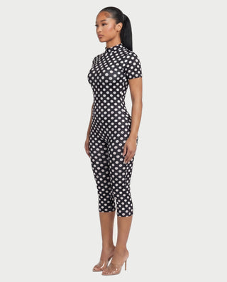 ELIZONA Polka Dot Mock Neck Open-Back Romper