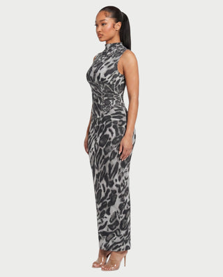 VENESIA Leopard Print Lace-Up Corset Maxi Dress