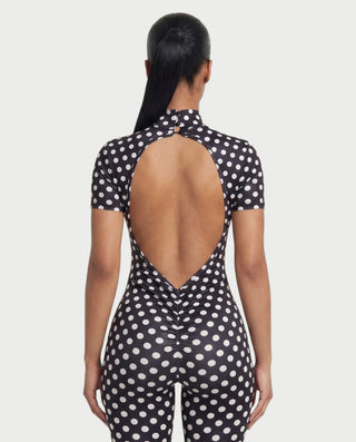 ELIZONA Polka Dot Mock Neck Open-Back Romper