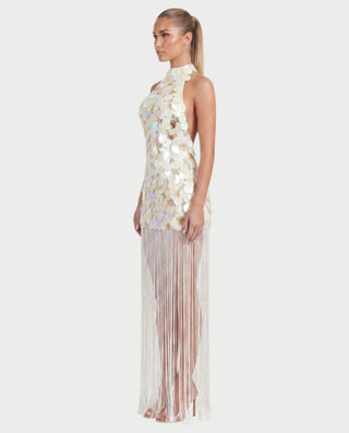 EZALYN Paillette Halter Long-Fringe Maxi Dress
