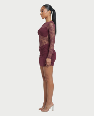 LAYLIE Long Sleeve Floral Lace Open Back Bodycon Mini Dress