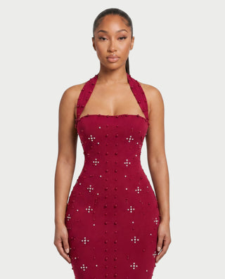 SHIVINA Beaded Halter Open-Back Bodycon Maxi Dress