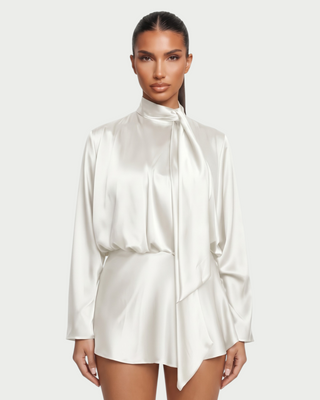 AZIEL Draped Scarf Neck Long Sleeve Mini Dress