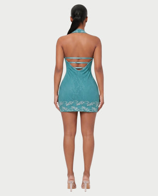 SANDRINE Floral Embroidered Halter Mini Dress