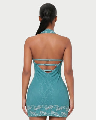 SANDRINE Floral Embroidered Halter Mini Dress