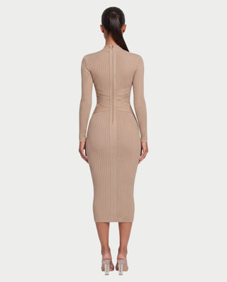 MEDDA Mock Neck Long Sleeve Ribbed Bodycon Wrap Midi Dress