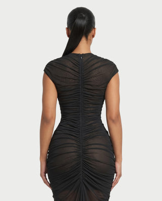 MARIEL Cap Sleeve Keyhole Cutout Ruched Sheer Maxi Dress