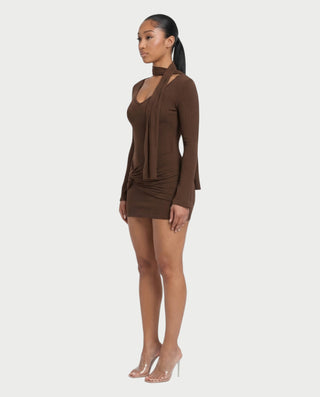 SHASTA Scarf Neck Long Sleeve Bodycon Mini Dress