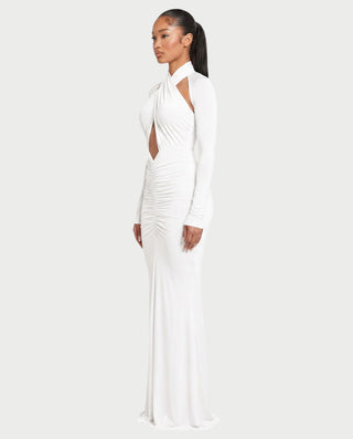 AVILINA Cross-Halter Ruched Bodycon Maxi Dress