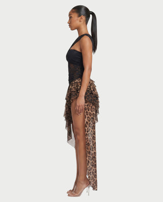AZZY Leopard Print Ruffle Skirt One-Shoulder Lace Maxi Dress