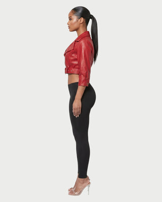 ARDEN Cropped Faux Leather Moto Jacket with Belted Waist