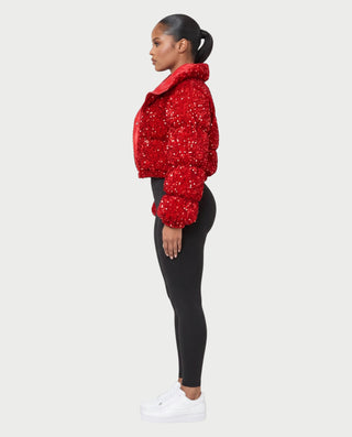 RENYA Sequin Hooded Cropped Zip-Up Puffer Jacket
